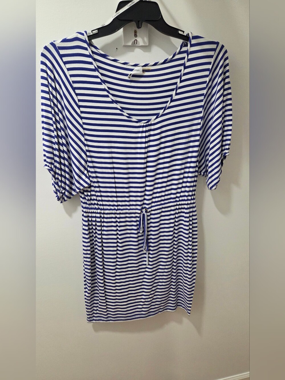 Calvin Klein Blue and White Striped Women’s Drawstring Waist Dress